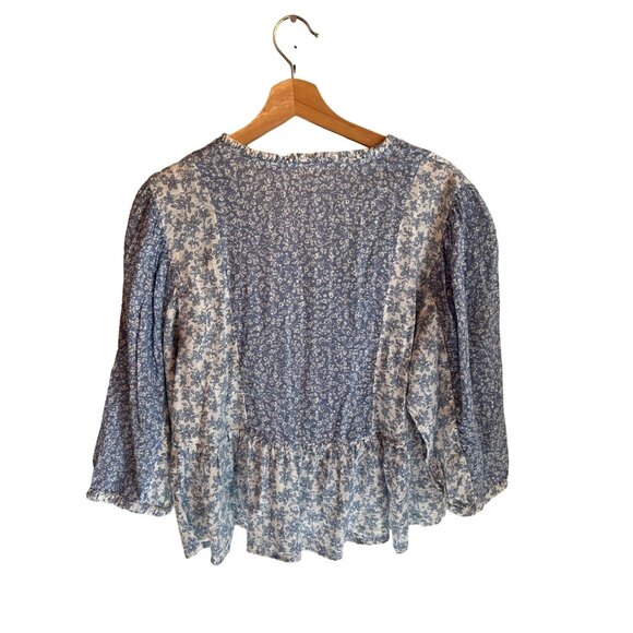 Midnight Sky Floral Blue Peasant Blouse Women's Long Sleeve Top Size L Blouse - Picture 5 of 5